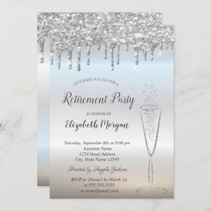 Wine Glass Silver Glitter Bokeh Drops Retirement Invitation