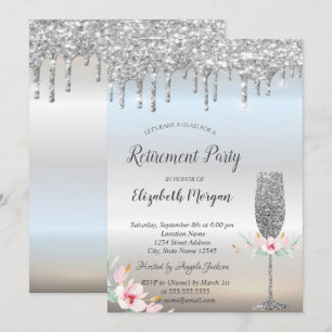 Wine Glass Silver Glitter Drops Floral Retirement Invitation