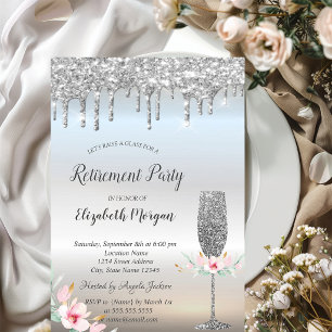 Wine Glass Silver Glitter Drops Floral Retirement Invitation