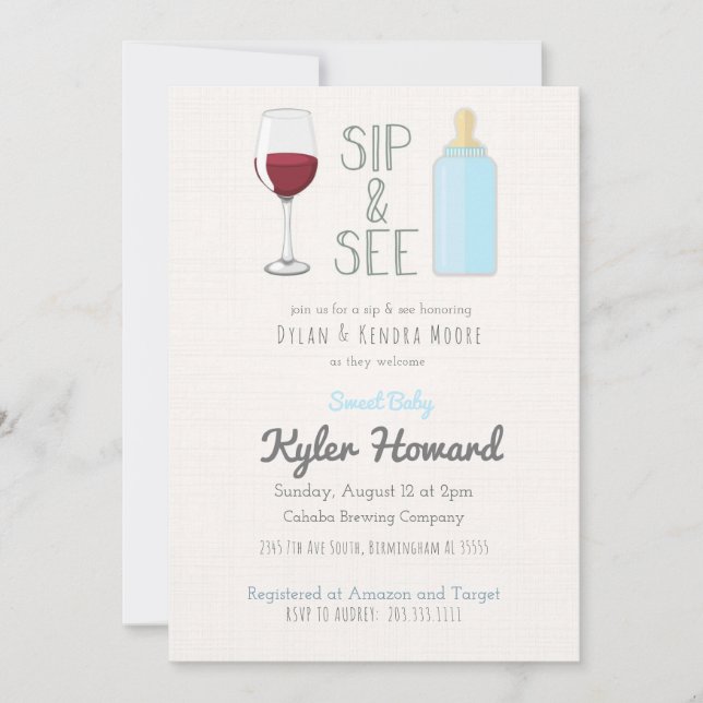 Wine Glass Sip & See Baby Boy Shower Invitation (Front)