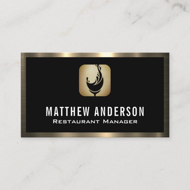 Wine Glass Splash Logo | Gold Metal Border Business Card (Front)