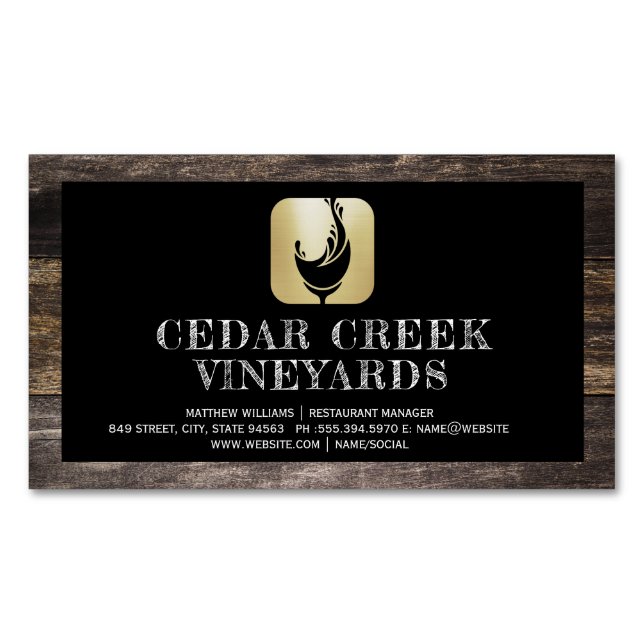 Wine Glass Splash Logo | Wood Border Magnetic Business Card (Front)