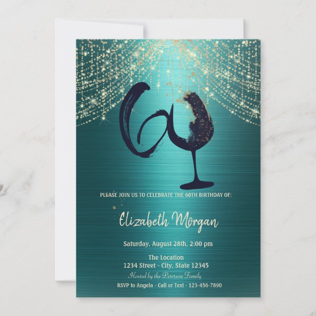 Wine Glass String Lights Green Metallic 60th  Invitation (Front)