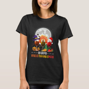 Wine Glass Thankgiving Wine Happy Hallothanksmas T-Shirt