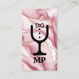 Wine Glass Tuxedo Logo   Pink Marble Business Card