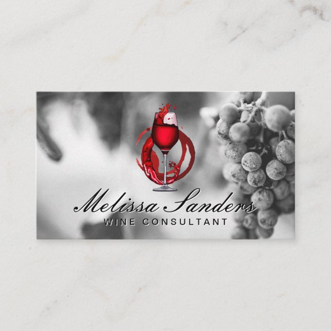 Wine Glass | Wine Grapes Black White Business Card (Front)