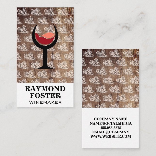 Wine Glass | Wood | Grapes on Vine Pattern Business Card (Front/Back)