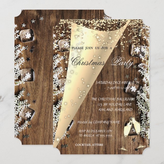 Wine Glass,Wood Texture  Company Christmas Party Invitation (Front/Back)