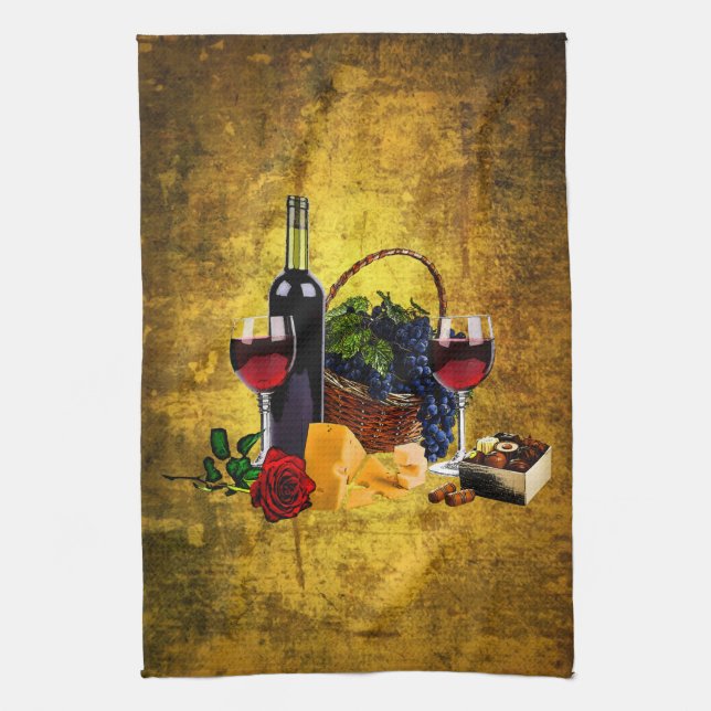 Wine glasses, bottle, grapes, cheese, chacolates tea towel (Vertical)