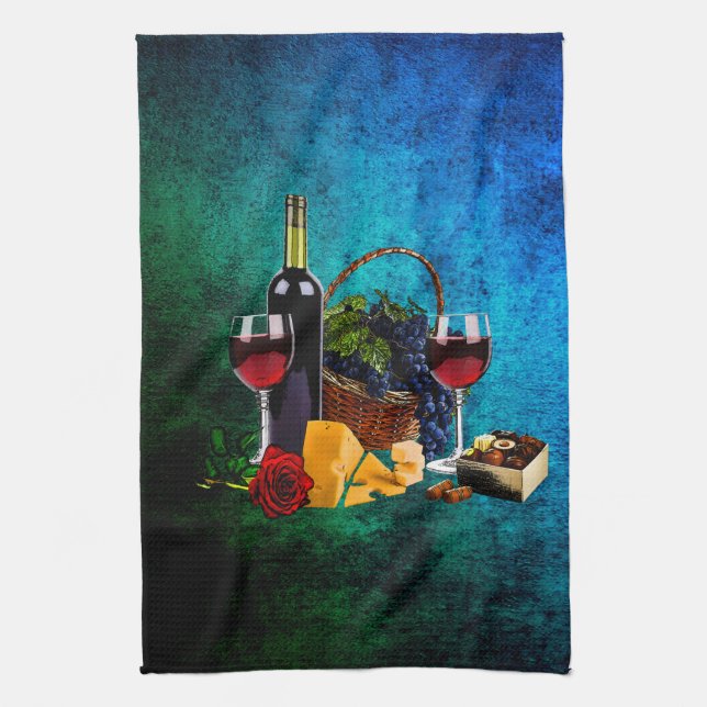 Wine glasses, bottle, grapes, cheese, chocolates tea towel (Vertical)