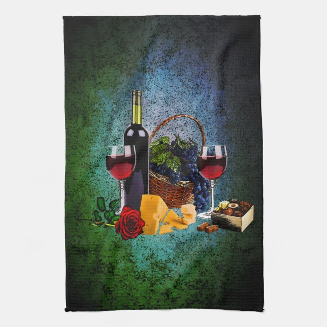 Wine glasses, bottle, grapes, cheese, chocolates tea towel (Vertical)