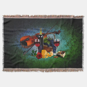 Wine glasses, bottle, grapes, cheese, Violin Throw Blanket