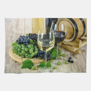 Wine Glasses Grapes and Wood Barrel Kitchen Towels