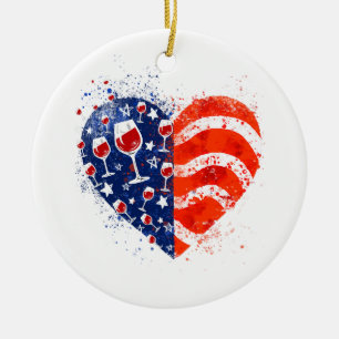 Wine Glasses Heart 4th of July Patriotic American  Ceramic Tree Decoration