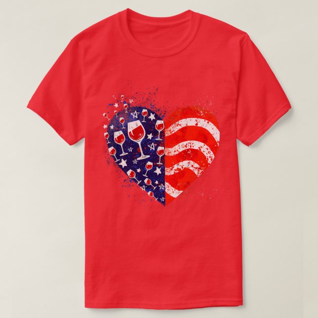 Wine Glasses Heart 4th of July Patriotic American  T-Shirt (Design Front)
