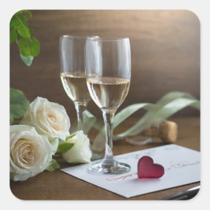 wine glasses letters white ro flower and envelope square sticker