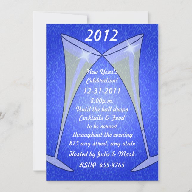 Wine Glasses On Blue New Year's Invitation (Front)