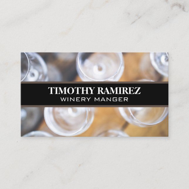 Wine Glasses on Wood Table Business Card (Front)