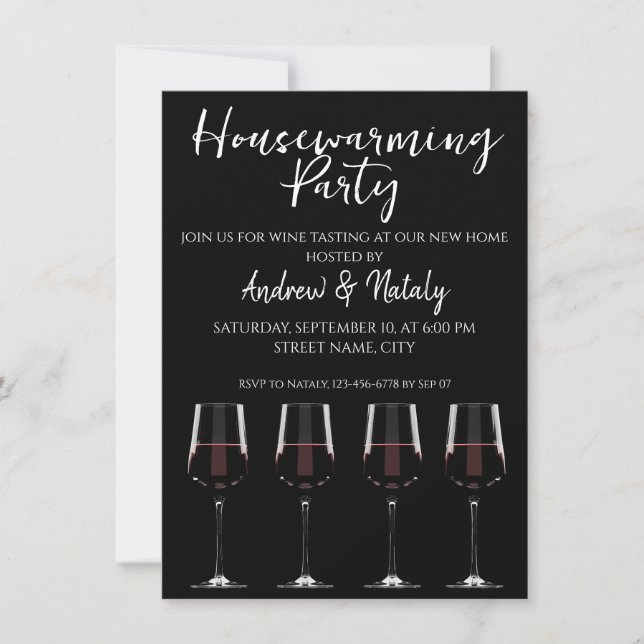 Wine glasses with red wine on black invitation (Front)