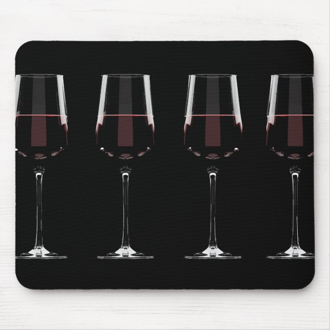 Wine glasses with red wine on black mouse mat (Front)