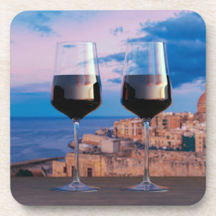 Wine glasses with view of sunset over Valletta Coaster