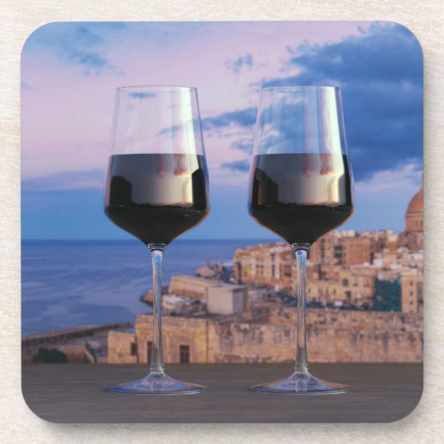 Wine glasses with view of sunset over Valletta Coaster (Front)