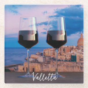 Wine glasses with view of sunset over Valletta Glass Coaster