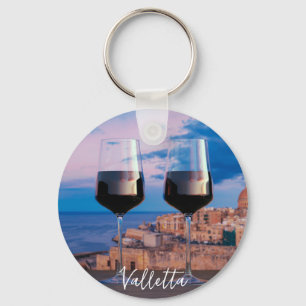 Wine glasses with view of sunset over Valletta Key Ring