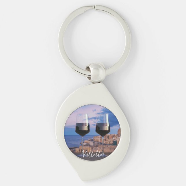 Wine glasses with view of sunset over Valletta Key Ring (Front)
