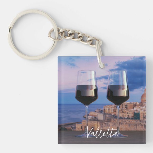 Wine glasses with view of sunset over Valletta Key Ring (Front)