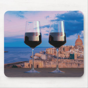 Wine glasses with view of sunset over Valletta Mouse Mat