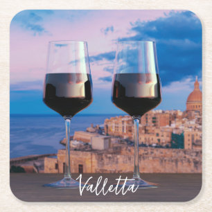 Wine glasses with view of sunset over Valletta Square Paper Coaster