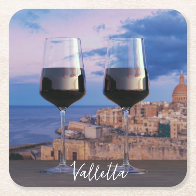 Wine glasses with view of sunset over Valletta Square Paper Coaster (Front)