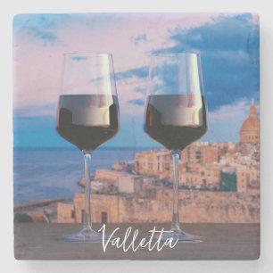 Wine glasses with view of sunset over Valletta Stone Coaster
