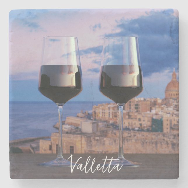 Wine glasses with view of sunset over Valletta Stone Coaster (Front)