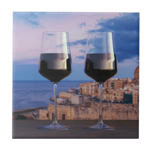Wine glasses with view of sunset over Valletta Tile (Front)