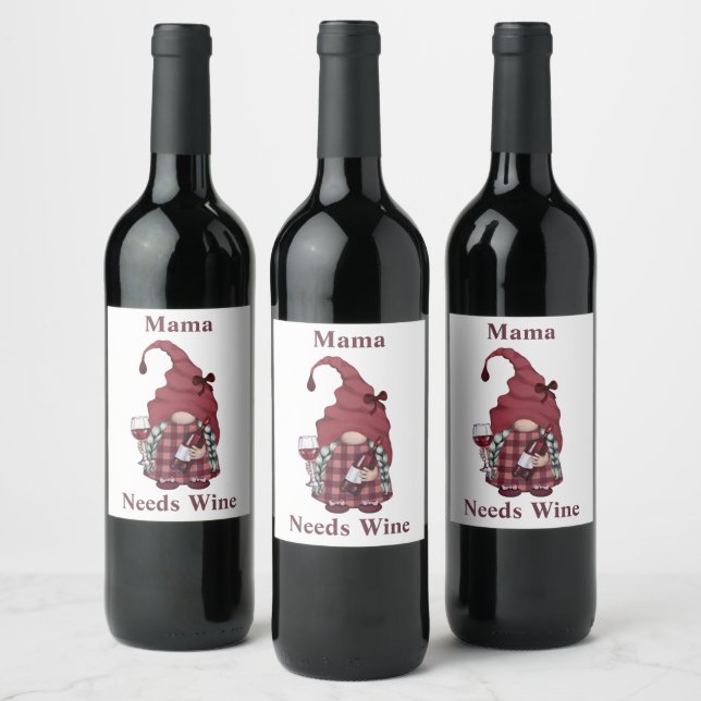 Wine Gnome Mama Needs Wine Personalise Funny Label (Bottles)