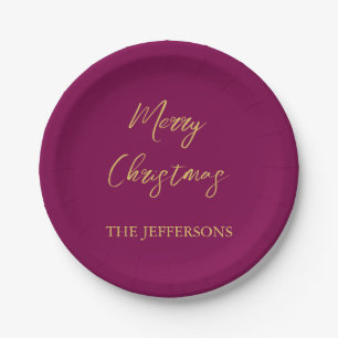 Wine & Gold Colours Merry Christmas Paper Plate