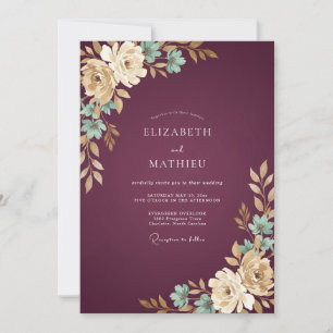 Wine Gold Leafy Wedding Invitation
