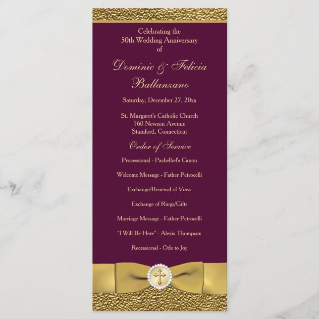 Wine Gold Wedding Anniversary Vow Renewal Program Programme (Front)