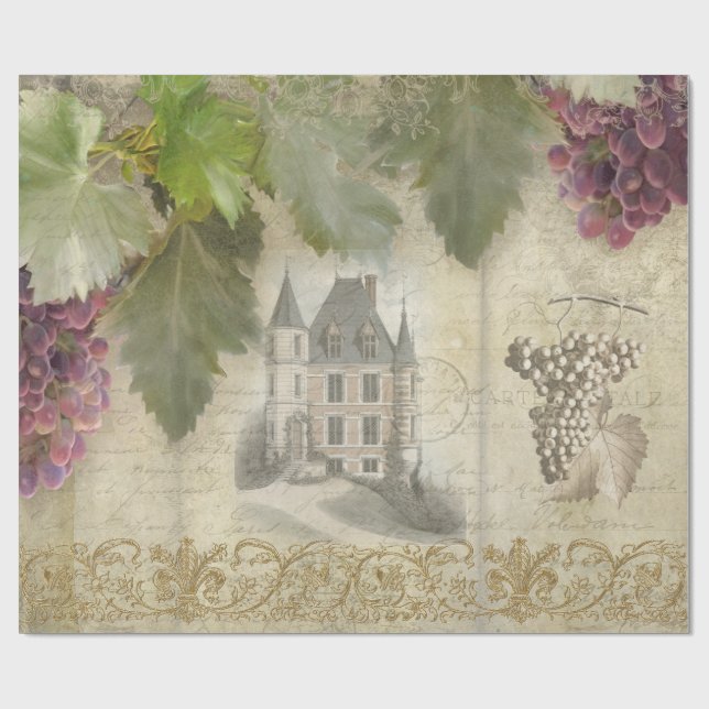 Wine Grape Script Ephemera Vineyard French Chateau Wrapping Paper (Flat)