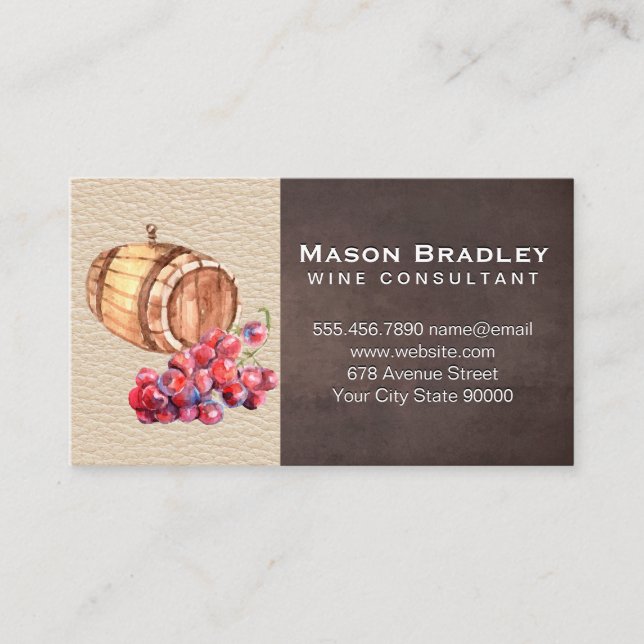 Wine Grapes and Barrel  | Brown Leather Texture Business Card (Front)