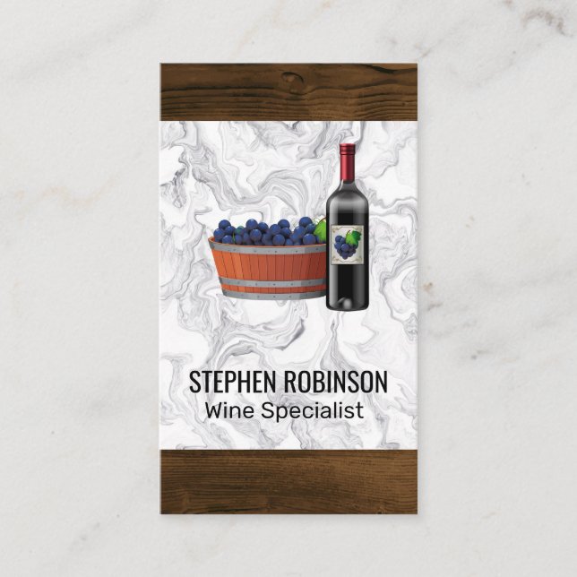 Wine Grapes and Bottle Marble Wood Business Card (Front)