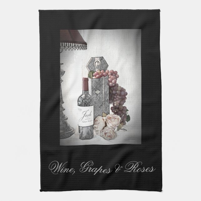 Wine, Grapes and Roses Tea Towel (Vertical)
