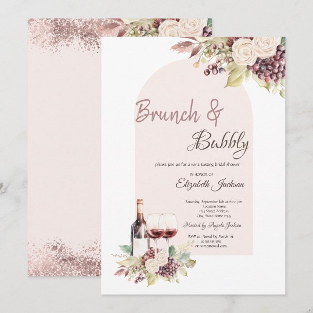 Wine Grapes  Boho Flowers Brunch & Bubbly Invitation (Front/Back)