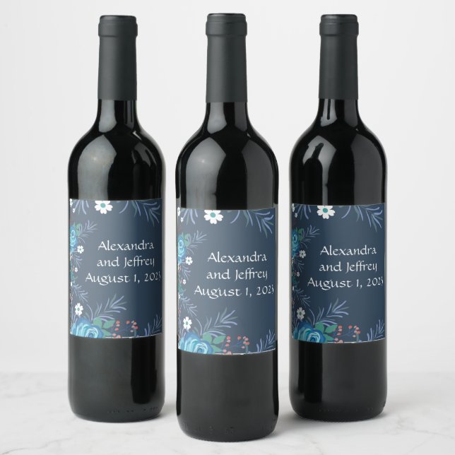Wine Grapes Personalized Flowers White Blue Label (Bottles)