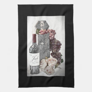 Wine, Grapes & Roses in Burgundy & Black Tea Towel