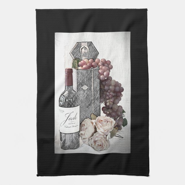 Wine, Grapes & Roses in Burgundy & Black Tea Towel (Vertical)