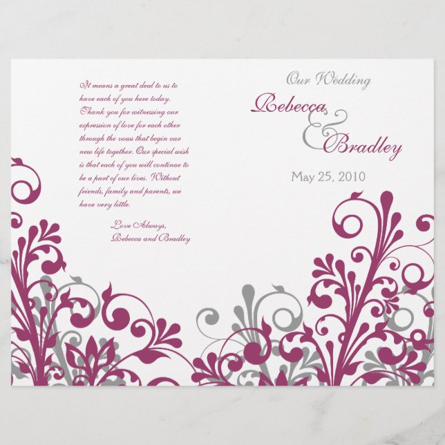 wine grey white abstract floral wedding program (Front)