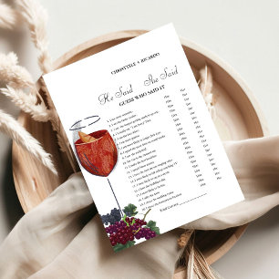 wine He said she said Bridal shower game card